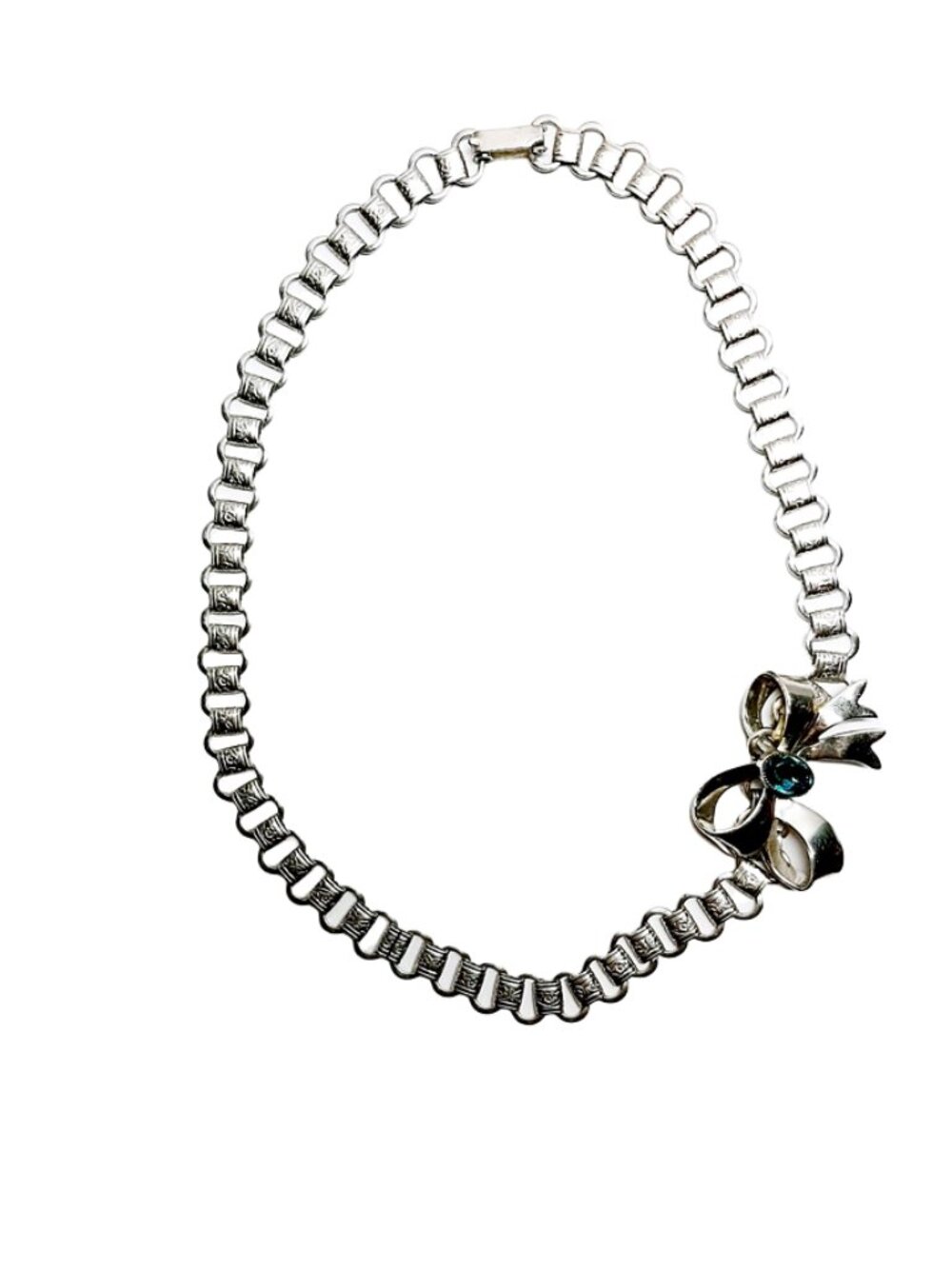 1950s Vintage Silver Link Choker Necklace With A Bow And Blue Rhinestone